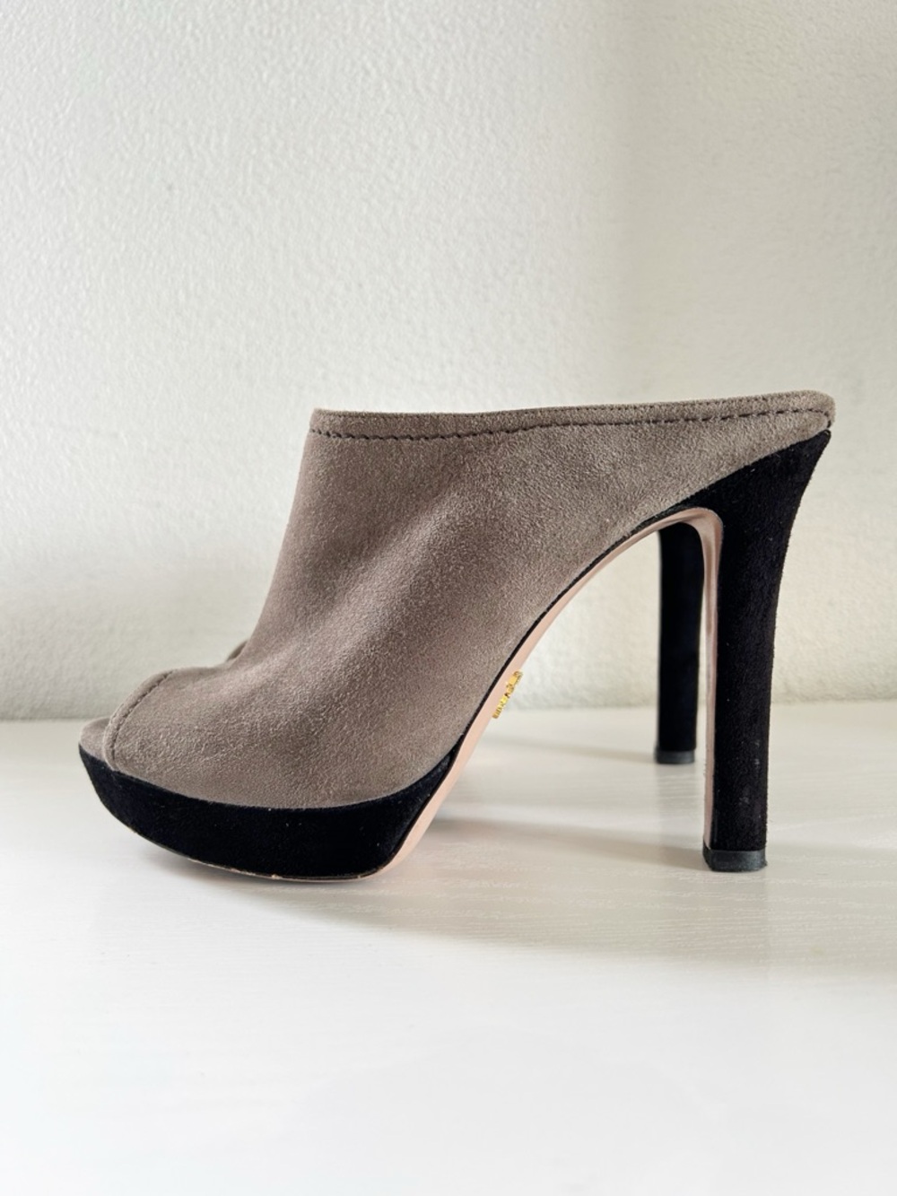 Prada Suede Platform Mule Heels Black Gray Peep Toe Size EU 39.5